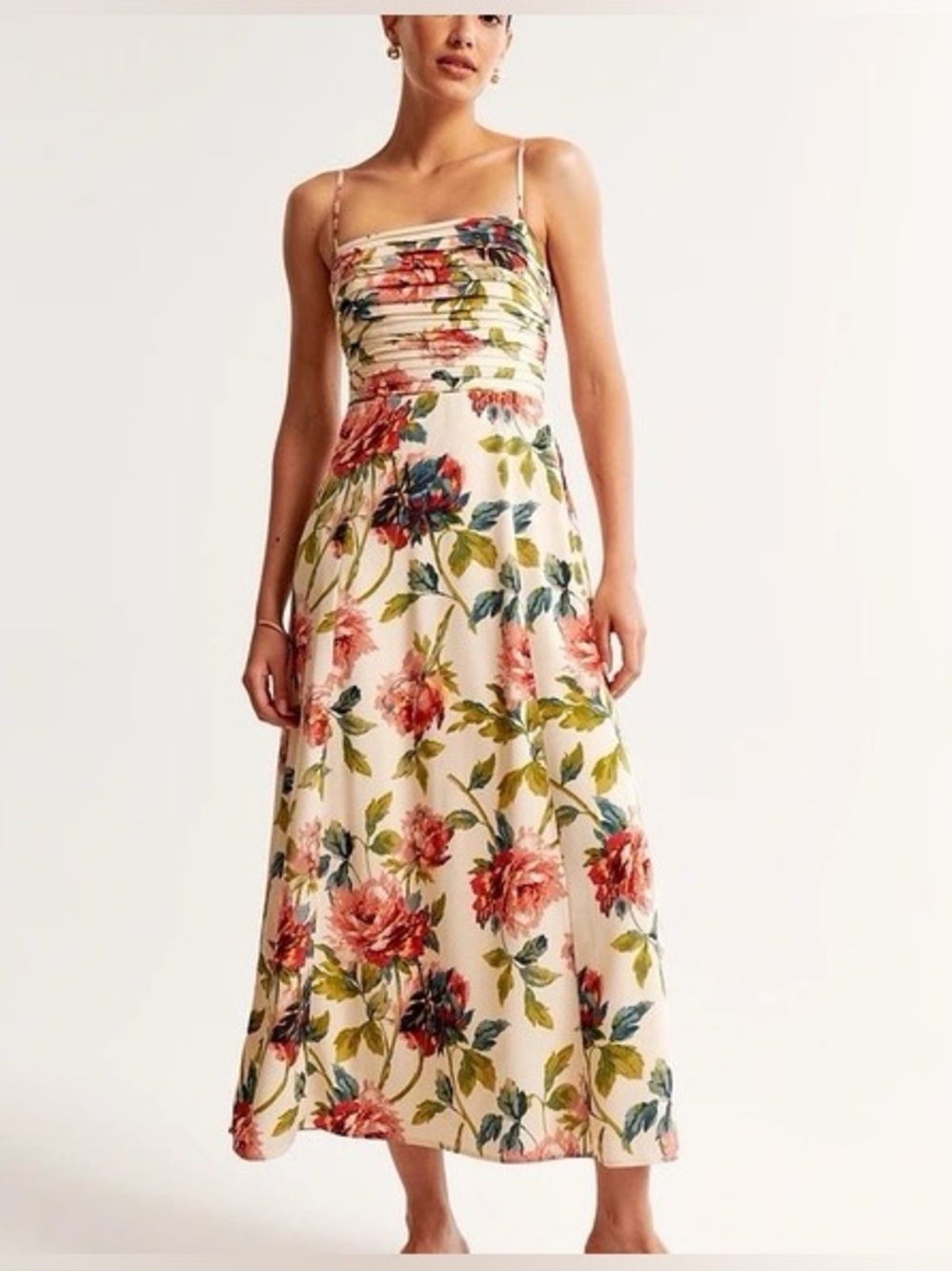 Abercrombie & Fitch Cream Floral Maxi Dress with Pink and Green Accents
